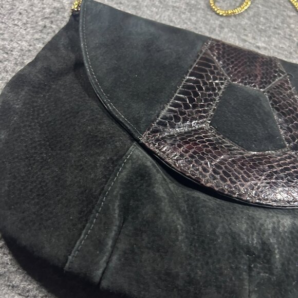 VINTAGE Ruth Saltz Handbag - Black Suede Snake Skin - Gold Chain Strap - Picture 3 of 8